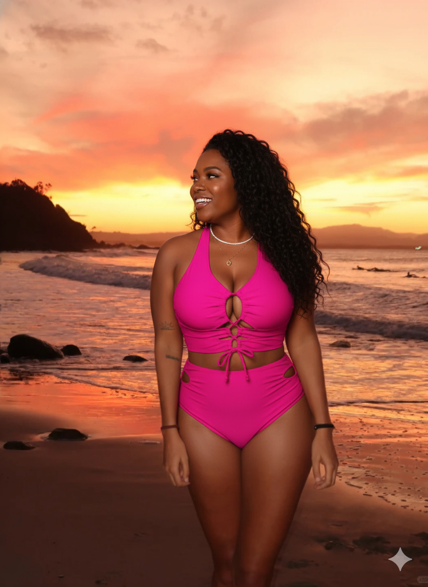 Bikini Set-Hot-pink Lace-up Cutout