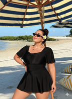 Swimsuit - Elegant Black Swim Dress with Sleeves