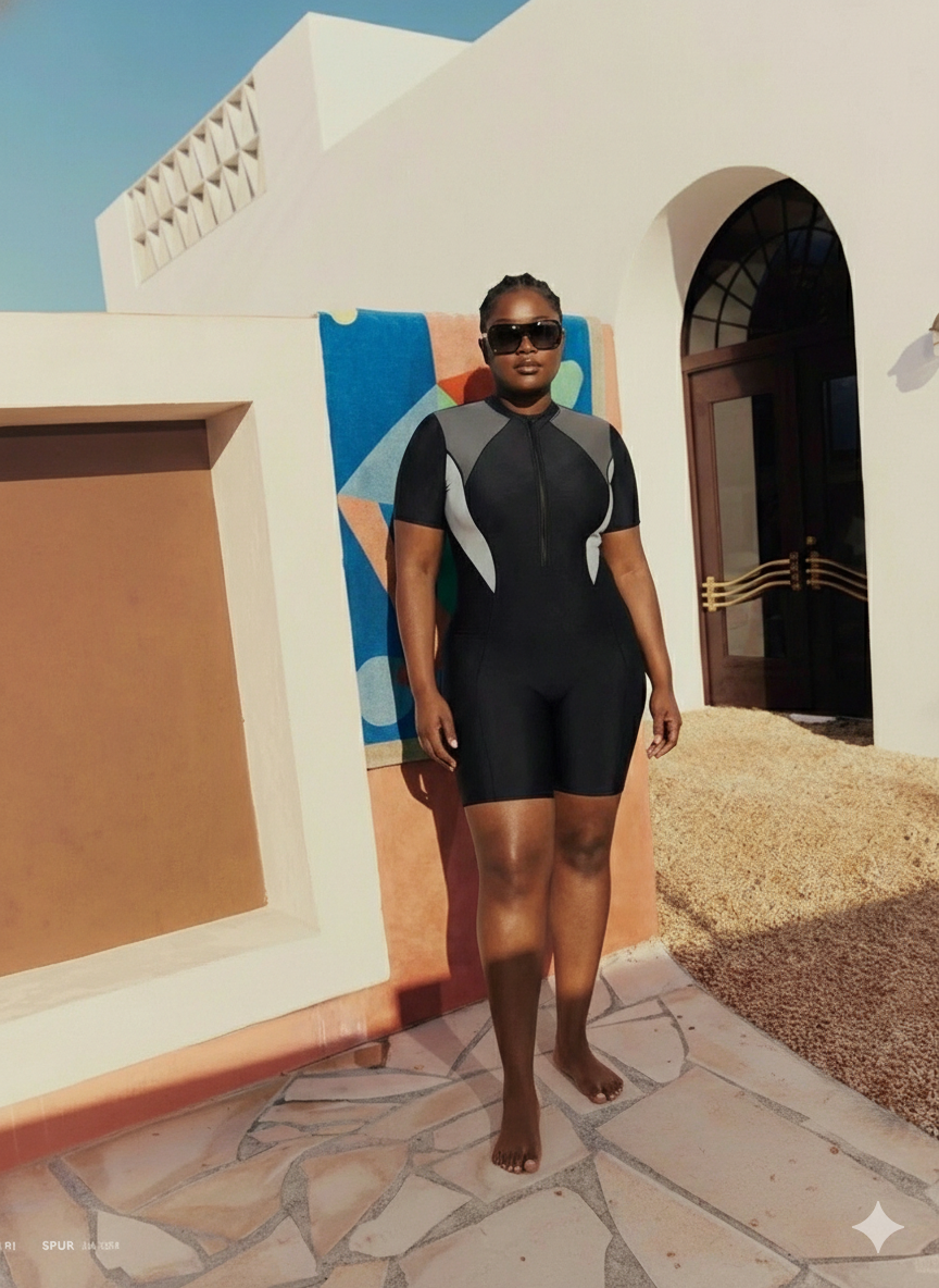 Modest Plus Size Color-Block Short Sleeve Swimsuit - High-Performance Lap Swimming Suit