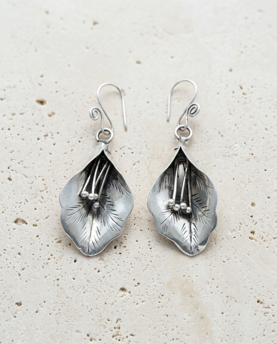 Blooming Calla Lily Earrings| Handcrafted Miao/Hmong Silver