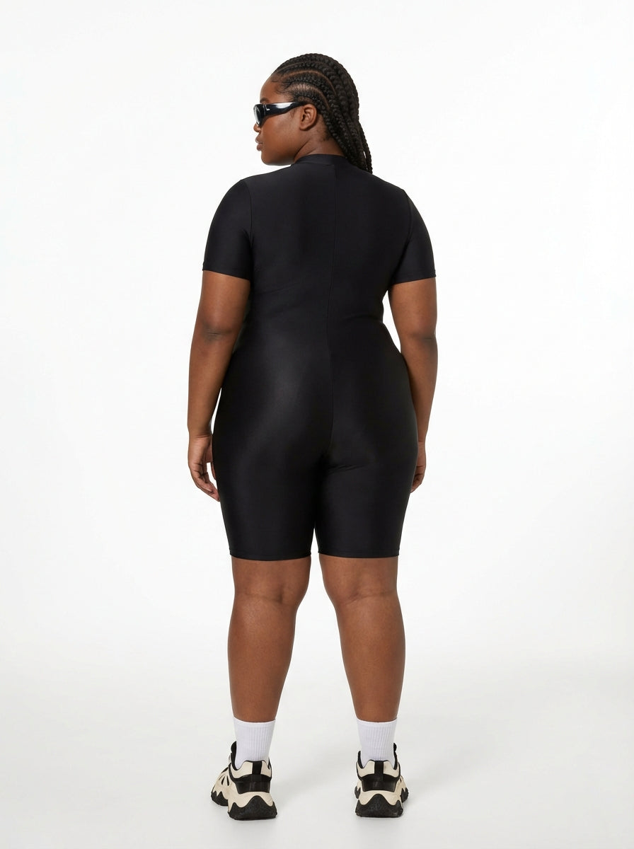 Modest Plus Size Color-Block Short Sleeve Swimsuit - High-Performance Lap Swimming Suit