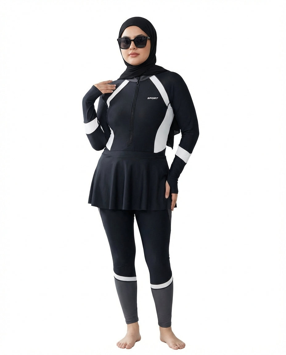 Modest Plus size Skirted Swimsuit Set - Long Sleeve Sun Protection Sport Hijab-Friendly Swimwear