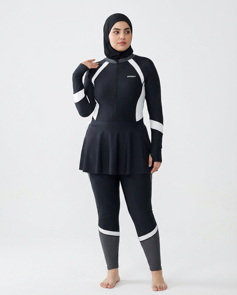Modest Plus size Skirted Swimsuit Set - Long Sleeve Sun Protection Sport Hijab-Friendly Swimwear