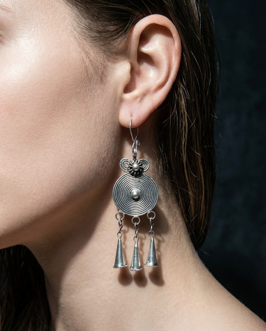 The Ripple with Trumpet Tassel Earrings| Handcrafted Miao Silver