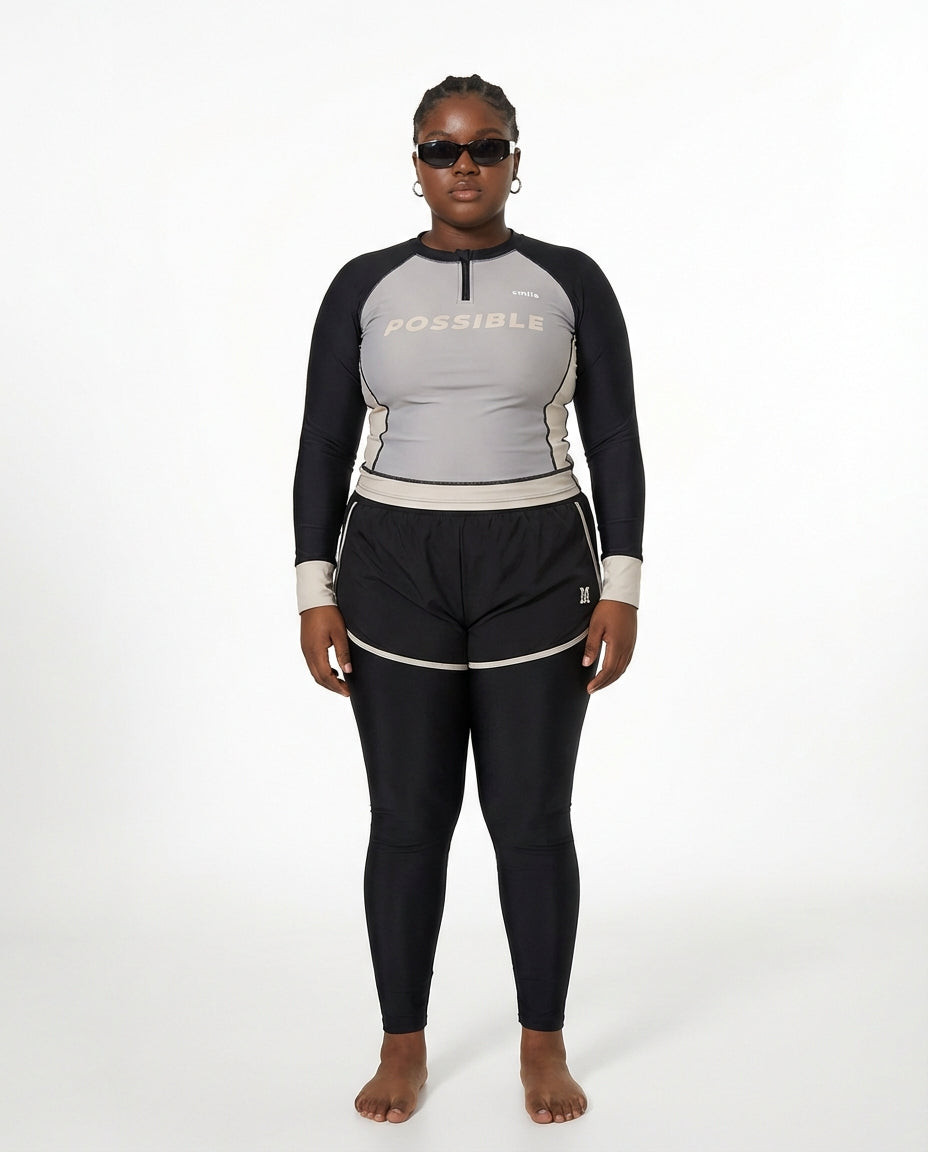 Modest 3-Piece Swimsuit Set - Long Sleeve Zip Rash Guard, Swim Shorts & Leggings - Sun Protection