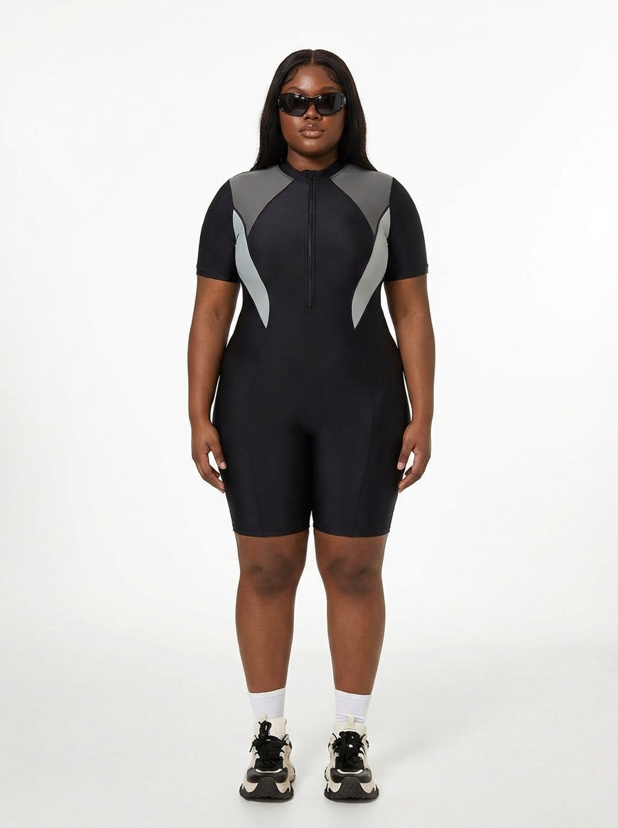Modest Plus Size Color-Block Short Sleeve Swimsuit - High-Performance Lap Swimming Suit