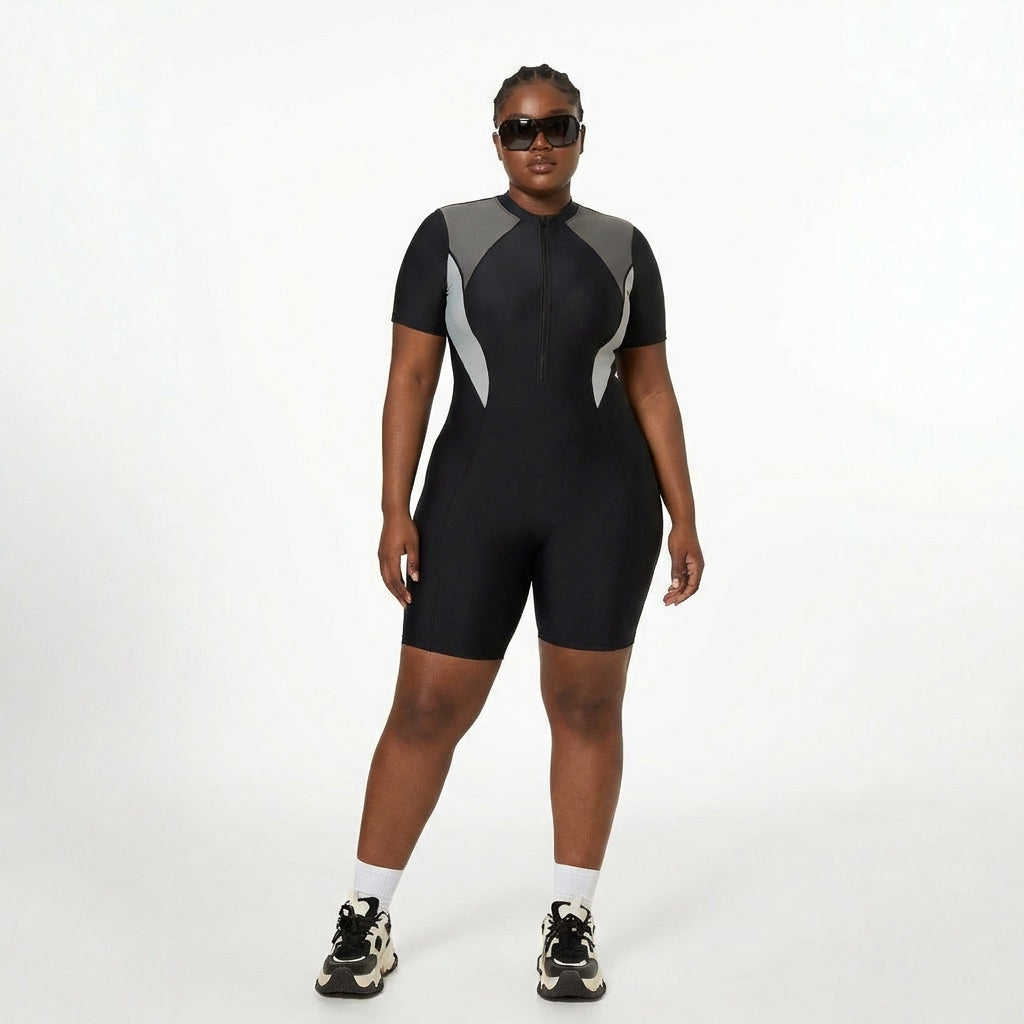 Modest Plus Size Color-Block Short Sleeve Swimsuit - High-Performance Lap Swimming Suit