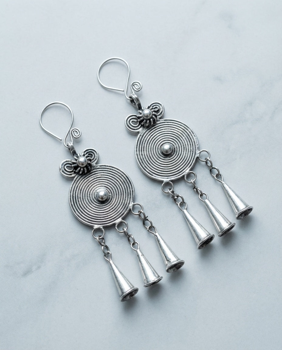 The Ripple with Trumpet Tassel Earrings| Handcrafted Miao Silver