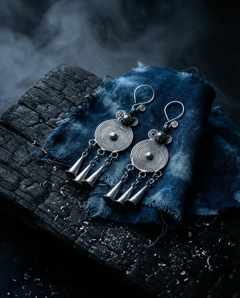 The Ripple with Trumpet Tassel Earrings| Handcrafted Miao Silver