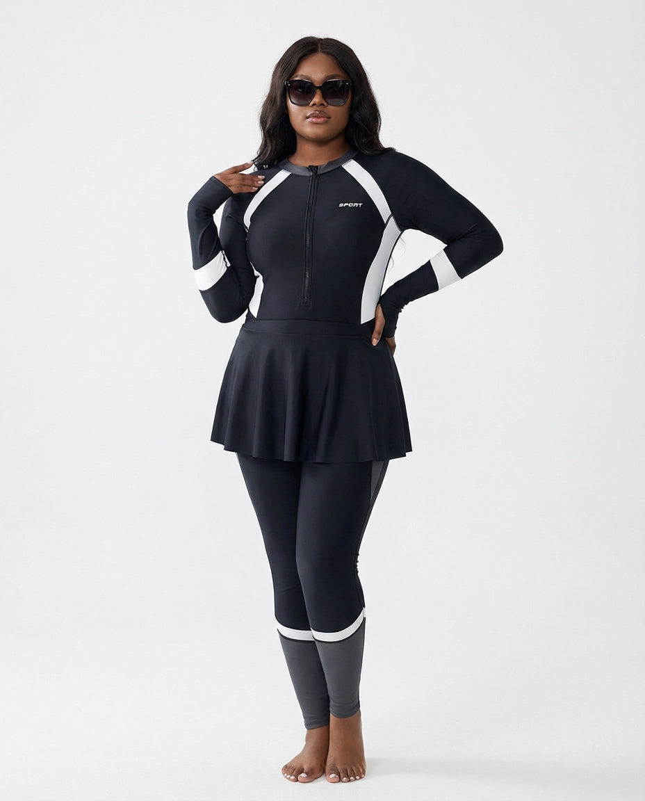 Modest Plus size Skirted Swimsuit Set - Long Sleeve Sun Protection Sport Hijab-Friendly Swimwear
